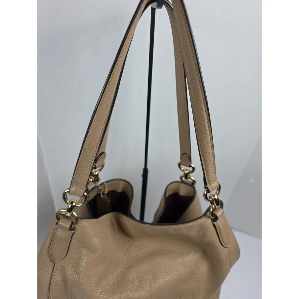 Coach Hallie Pebbled Leather Shoulder Bag Taupe Beige A2080-80268 READ
